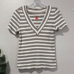 Anthropologie -Daily Practive Brown & Cream Striped Deep V-Neck Ribbed Tee